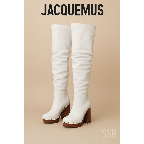 Jacquemus Les Bottes Sabots Hautes Over-the-Knee Boots White Leather Clog Heel U - Picture 1 of 14
